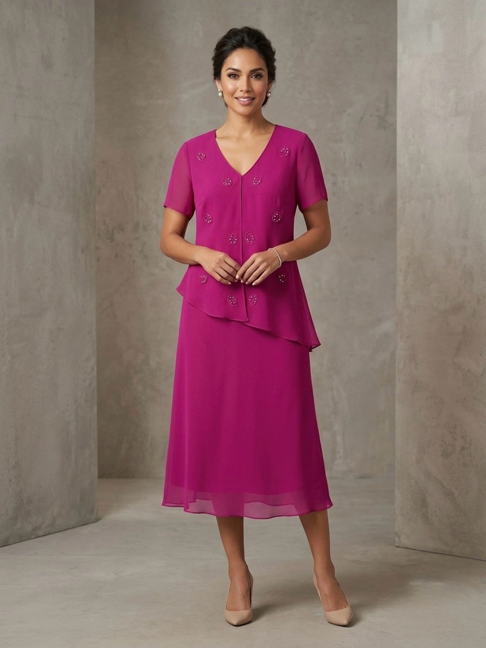 Magenta V-Neck Embellished Midi Dress 👗